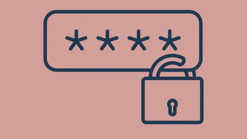 A password field of asterisks beside an open padlock.