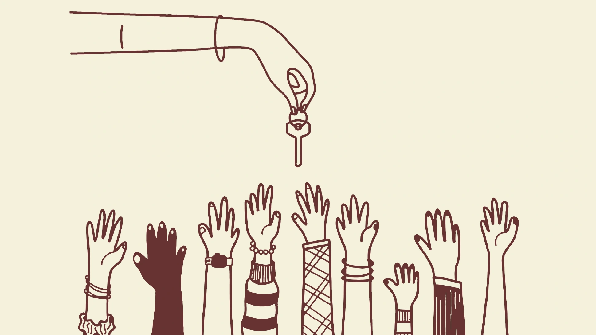 Illustrated picture of a hand holding a bunch of keys while hands of other people below attempt to grab them